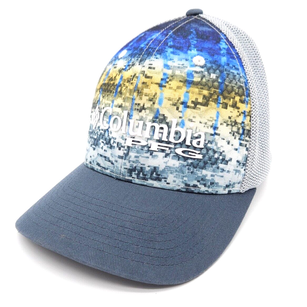 Columbia PFG Fishing Mesh Flex‎ Fit Fitted Hat Blue Cap Large Puff Logo Hiking